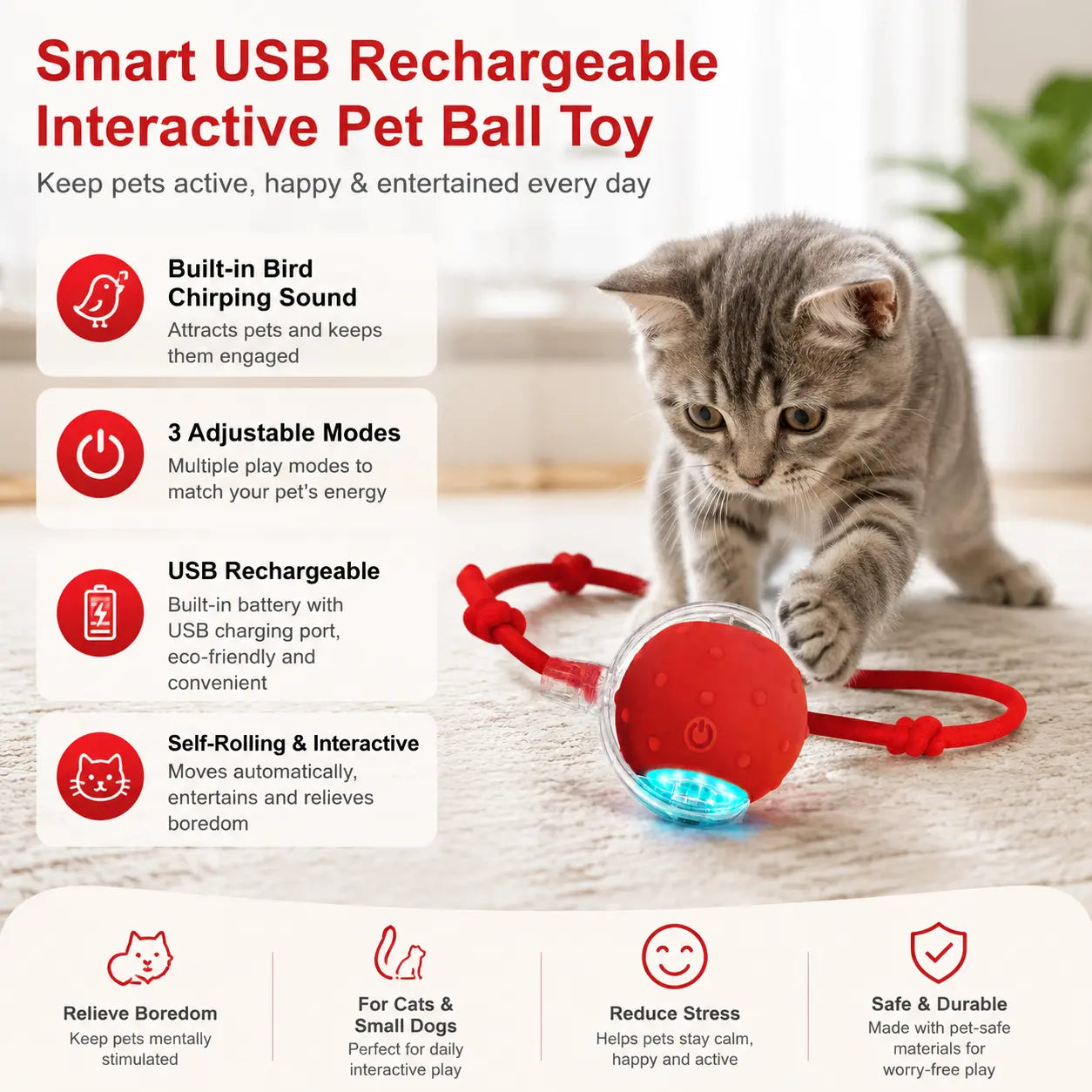 【2026 Newest】Fun Cat Dog Toy Ball, Smart Rolling Design with Textured Surface & Nylon Tail, Interactive Toy for Indoor Cats