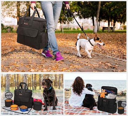 Weekend Dog Travel Bag Set with 2 Food Bags, 2 Bowls and Mat, Black