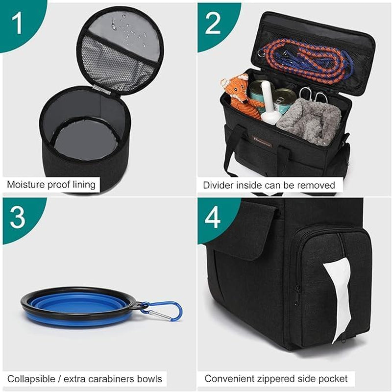Weekend Dog Travel Bag Set with 2 Food Bags, 2 Bowls and Mat, Black