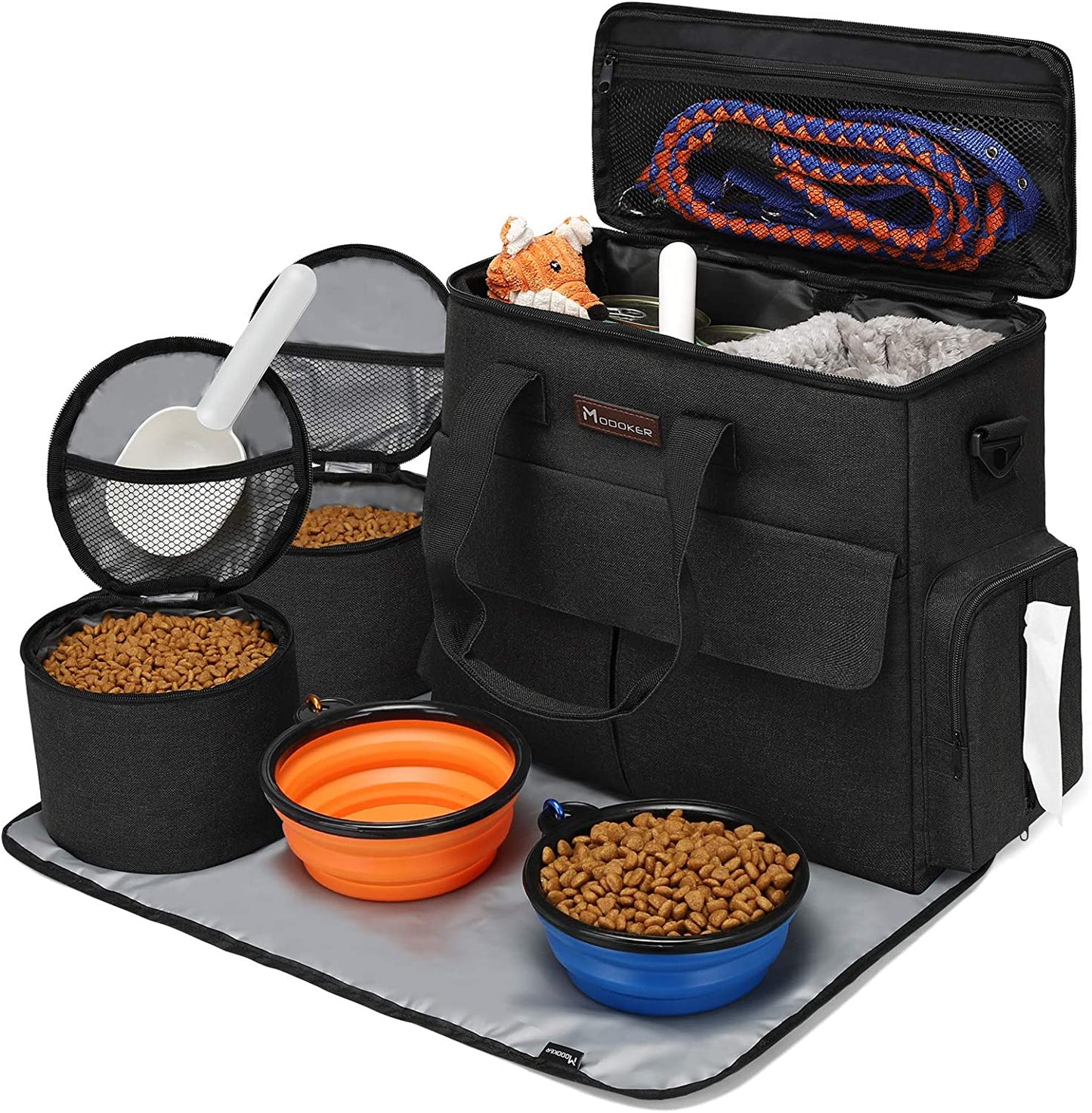 Weekend Dog Travel Bag Set with 2 Food Bags, 2 Bowls and Mat, Black